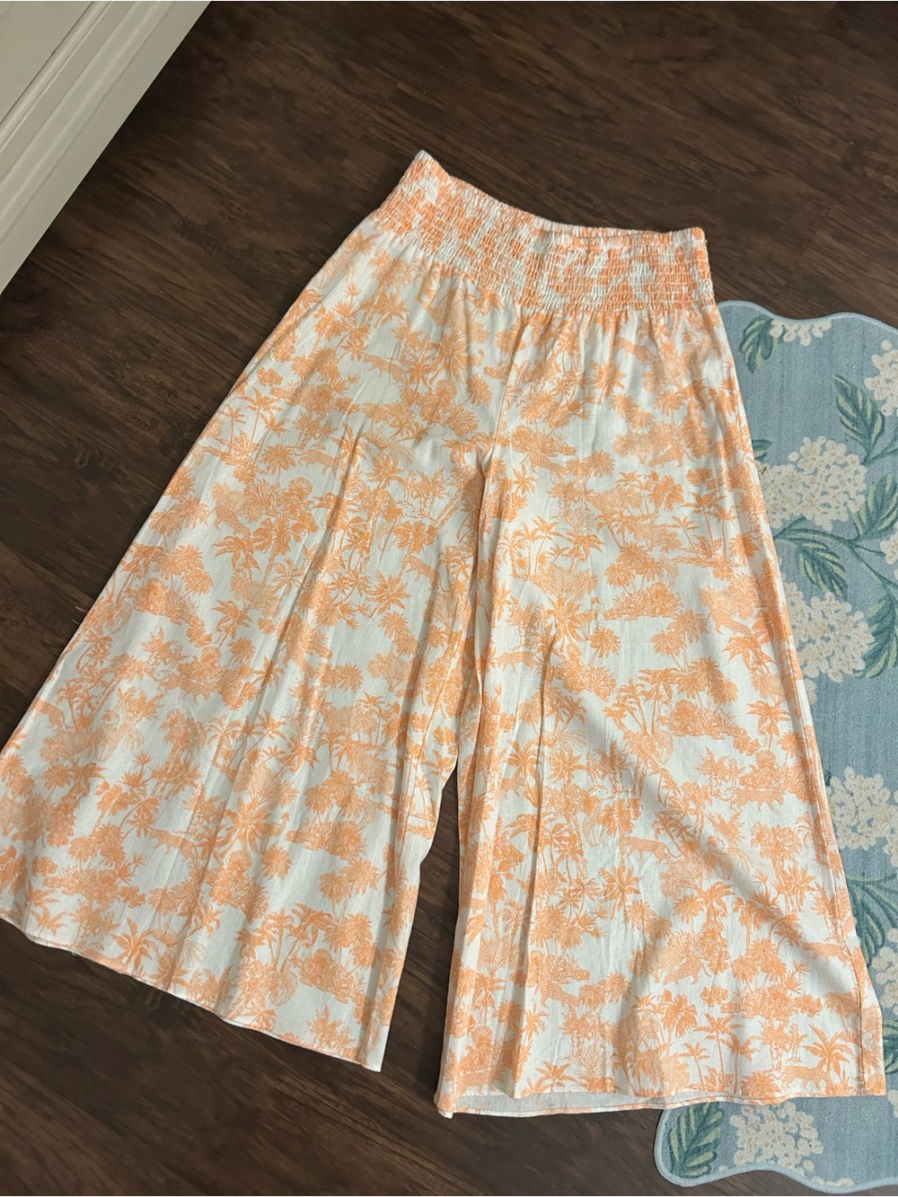 CeCe Orange and White Printed Wide-Leg Smocked Waist Pants